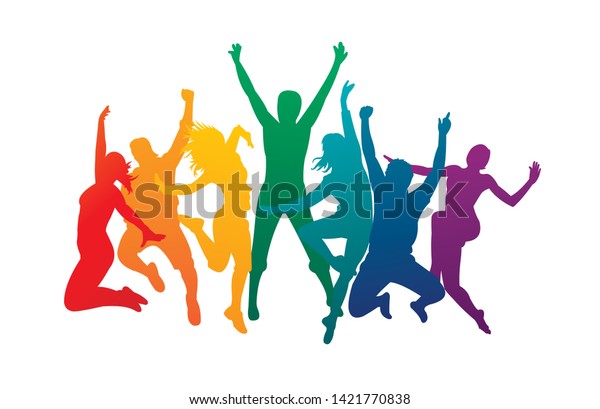 カラフルで幸せなグループの人々が ベクターイラストシルエット をジャンプします 明るい男と女 楽しい友達の背景をジャンプ 表現豊かなダンス ジャズ ファンク ヒップホップの手を上げる のベクター画像素材 ロイヤリティフリー