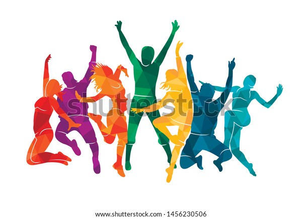 Colorful happy group people jump gym wallpaper illustration silhouette. Cheerful man and woman isolated. Jumping fun friends background. Expressive dance dancing, jazz, funk, hip-hop hands up.