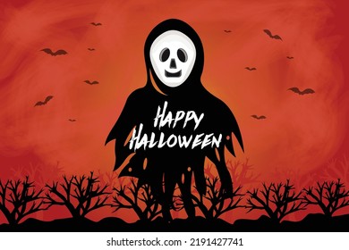 Colorful Happy Halloween celebration background design with a black ghost in the forest