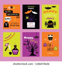 Colorful Happy Halloween kids invitation cards set with beautiful cute cartoon icons on pink background