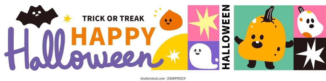 Colorful Happy Halloween poster sale title banner.cute pumpkin ghost characters