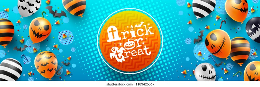 Colorful Happy Halloween Trick Or Treat On Blue Background With Halloween Ghost Balloons.Scary Air Balloons.Website Spooky,Background Or Banner Halloween Template.Vector Illustration EPS10