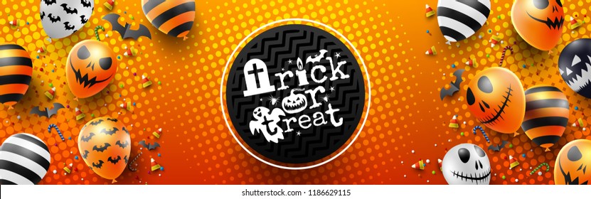 Colorful Happy Halloween trick or treat on Orange Background with Halloween Ghost Balloons.Scary air balloons.Website spooky,Background or banner Halloween template.Vector illustration EPS10