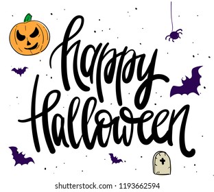 Colorful Happy halloween vector isolated lettering black and white with illustrations 