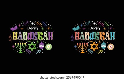 Colorful Happy Hanukkah Design with Menorah and Star of David