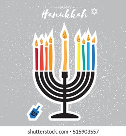 Colorful Happy Hanukkah Greeting card. Jewish holiday with menorah