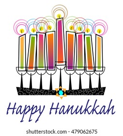 Colorido Happy Hanukkah - Menorah estilizada con coloridas velas y Feliz texto de Hanukkah. Eps10