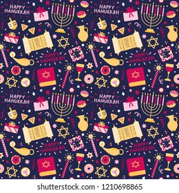 Colorful Happy Hanukkah vector pattern, seamless repeat on dark blue background. Modern graphic style. Great for backgrounds, gift wrapping paper, greeting cards, editorial & apparel design etc.