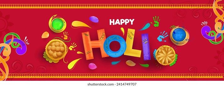 Colorful Happy Holi Font with Top View of Indian Sweets, Color Powder Mud Pot, Hand Prints on Floral Pink Background for Indian Festival of Colors Celebration Concept.