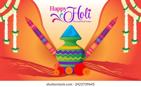 colorful happy holi hindu festival celebration greeting with color splash and pichkari vector