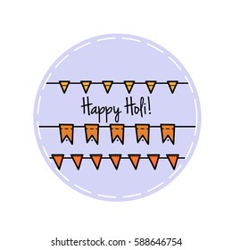 Colorful Happy Holi sticker with flags. Design for Indian Festival of Colors. Vector illustration.