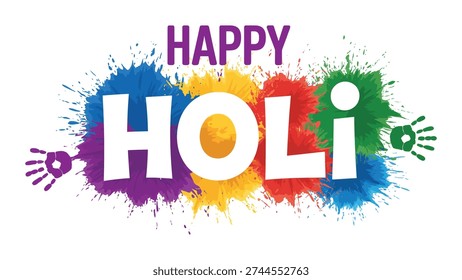 Colorful Happy Holi text with bold letters, vibrant paint splashes, and festive handprints, joyful design for Hindu spring festival celebration
