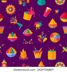 Colorful Happy Holi Vector Seamless Pattern Design on  purple background