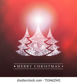 Colorful Happy Holidays, Merry Christmas Greeting Card With Label, Christmas Tree on a Red Blurred Background