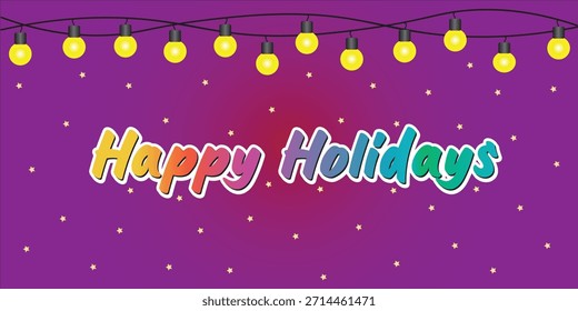 Fondo colorido del Vector de los Días festivos felices con la tipografía juguetona, luces brillantes de la cadena, confeti de la estrella y telón de fondo liso del gradiente. Diseño festivo para el año Nuevo, tarjetas, Anuncios.