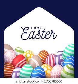 Colorful Happy Home Easter 2020 Card with Funny Vector Minimalist Icon. staying at home badge in Quarantine. COVID-19 Reaction.