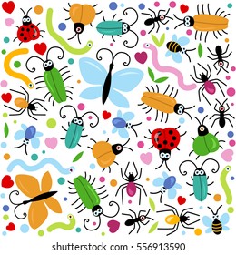 Colorful happy insects pattern background with bugs, bees, spiders, ants, earthworms, butterflies, flies with hearts and dots. Simple childish vector for kids.