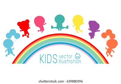 colorful happy kids jumping on a rainbow,Group of children jumping on rainbows background, vector  illustration.