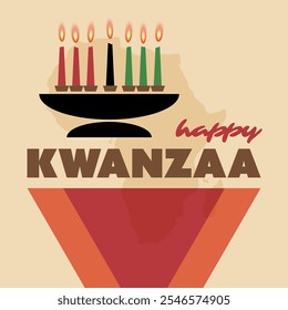 Cartão feliz colorido Kwanzaa com velas de queima e mapa da África - Modelo de design vetorial com padrões tradicionais e cores: vermelho, verde e preto