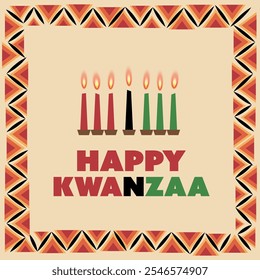 Colorful Happy Kwanzaa Greeting Card with Burning Candles - Vector Design, Illustration Template with Traditional Patterns and Colors: Red, Green and Black