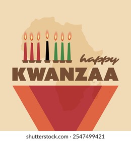 Colorful Happy Kwanzaa Greeting Card with Burning Candles and Map of Africa - Vector Design Template with Traditional Patterns and Colors: Red, Green and Black