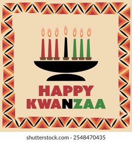 Cartão feliz colorido Kwanzaa com velas de queima - Design de vetor, modelo de ilustração com padrões tradicionais e cores: vermelho, verde e preto