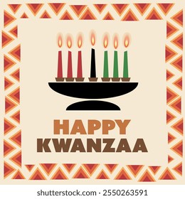 Colorful Happy Kwanzaa Greeting Card with Burning Candles - Vector Design, Illustration Template with Traditional Patterns and Colors: Red, Green and Black