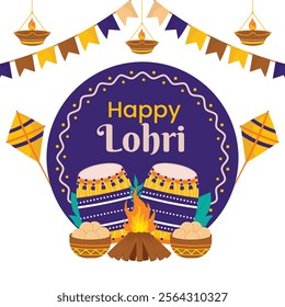 Colorful Happy Lohri festival illustration featuring drums, bonfire, kites, sweets, and festive banners. Perfect for celebrating Punjabi culture, traditional events, and creating Lohri greetings post.