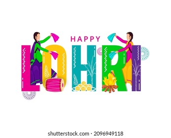 Colorful Happy Lohri Font With Faceless Punjabi Female Folk Dancers, Dhol (Drum) Instrument, Indian Sweet (Laddu) And Bonfire On White Background.