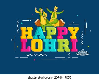 Colorful Happy Lohri Font With Punjabi Couple Doing Bhangra And Dhol (Drum) Instrument On Blue Background.