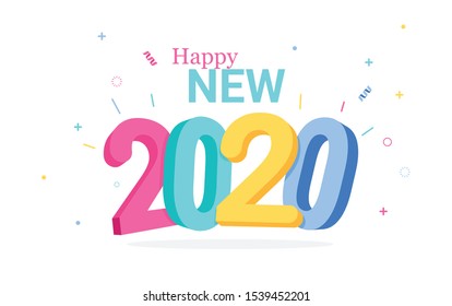 Colorful Happy New 2020. year greeting card in cartoon style and solid colors. Greeting card for upcoming 2020. year.
