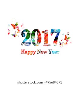 Colorful  Happy New Year 2017 lettering template design background, vector illustration. Holidays and celebrations text message for poster, brochure, banner, card, placard, invitation with butterflies