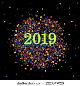 Colorful Happy New year 2019 wishes with clusters of dots and confetti elements on a black background