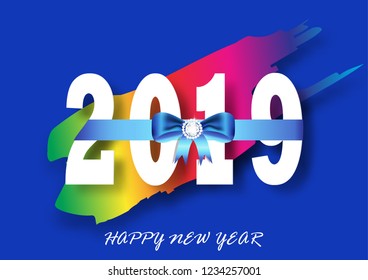 Colorful Happy new year 2019 with bow and diamond vector illustration