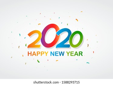 Colorful Happy New Year 2020 lettering on white background with confetti. Decorative Happy New Year greeting with handwritten text for wallpaper, background, banner, poster and card