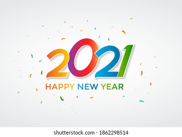 Colorful Happy New Year 2021 lettering on white background with confetti. Decorative Happy New Year greeting with handwritten text for wallpaper, background, banner, poster and card