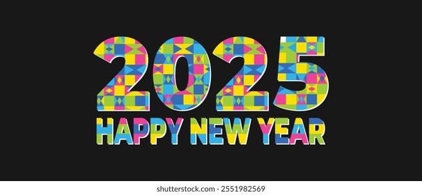 Colorful Happy New Year 2025 logo on a black banner. Abstract poster design for the Happy New Year 2025 celebration