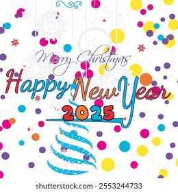 Colorful Happy New Year 2025 Typography with Winter Decorations