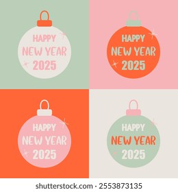 Colorful Happy New Year 2025 illustration featuring festive ornaments in pastel and vibrant tones, arranged in a grid layout with modern typography. Vector