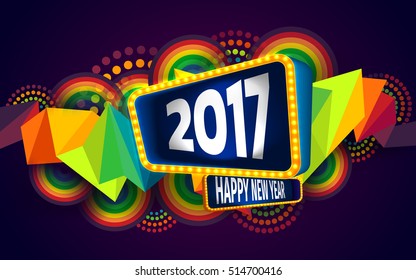 Colorful of Happy new year and abstract geometric background.The 2017 year on retro board with light bulbs billboard frame.Vector illustration eps 10