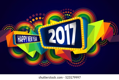 Colorful of Happy new year and abstract geometric background.The 2017 year on retro board with light bulbs billboard frame.Vector illustration eps 10