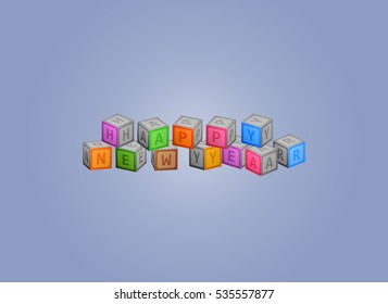 Colorful Happy New Year Alphabet Blocks on grey gradient background.