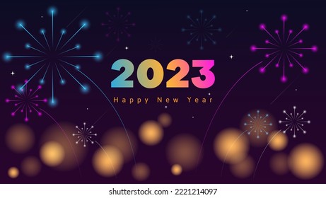 colorful happy new year background with pink and blue fireworks and lights. vector illustration