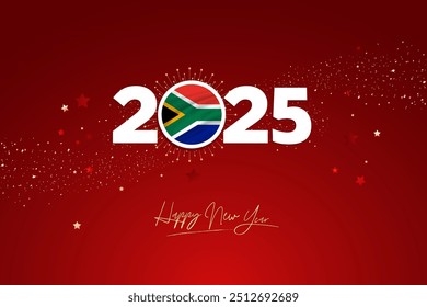 Colorful Happy New Year Festival Design Banner, New Year 2025 Logo with South African Flag on Red-Maroon Confetti and star Background, Calendar 2025, Social Media New Year Banner, Post Card, Greetings