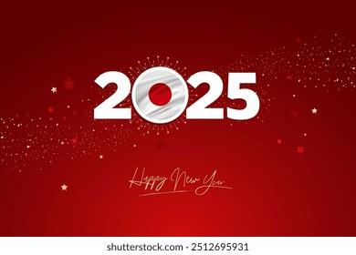 Colorful Happy New Year Festival Design Banner, New Year 2025 Logo with Japanese Flag on Red-Maroon Confetti and star Background, Calendar 2025, Social Media New Year Banner, Post Card, Greetings