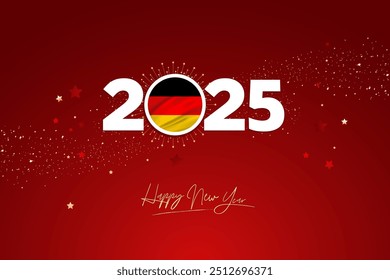 Colorful Happy New Year Festival Design Banner, New Year 2025 Logo with German Flag on Red-Maroon Confetti and star Background, Calendar 2025, Social Media New Year Banner, Post Card, Greetings