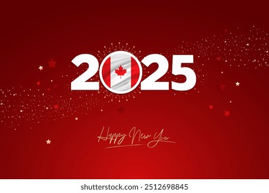 Colorido Feliz Año Nuevo Festival Anuncio de Diseño, Año Nuevo 2025 Logo con Bandera Canadiense en Red-Maroon Confetti y estrella de Fondo, Calendario 2025, Medios Sociales Año Nuevo Anuncio, Tarjeta postal, Saludos