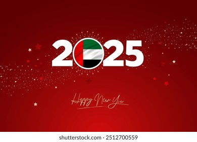 Colorful Happy New Year Festival Design Banner, New Year 2025 Logo with Arab Emirates Flag on Red-Maroon Confetti and star Background, Calendar 2025, Social Media New Year Banner, Post Card, Greetings