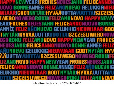 colorful happy new year greeting card in different languages