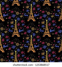 Colorful Happy New Year in Paris seamless pattern. Vector illustration ink Eiffel Tower with salute. Hand drawn white isolated on black background